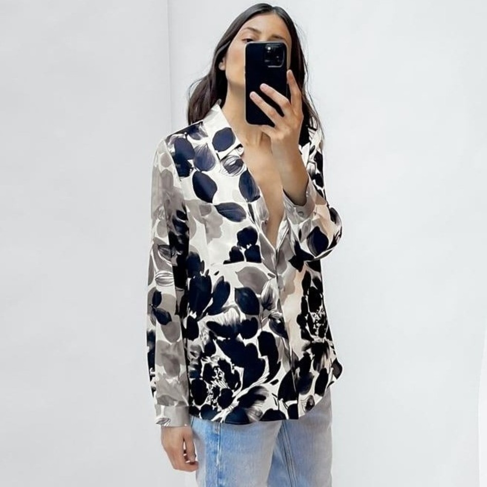 Zara Oversized‎ Floral Blouse S Black White Grey Satin Look Button Down Shirt